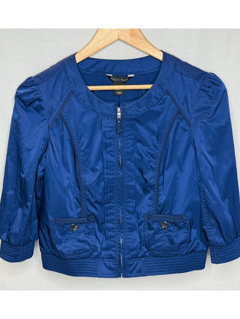 White House Black Market Size 0 Cobalt Blue Cropped Zip Jacket Puff Sleeve